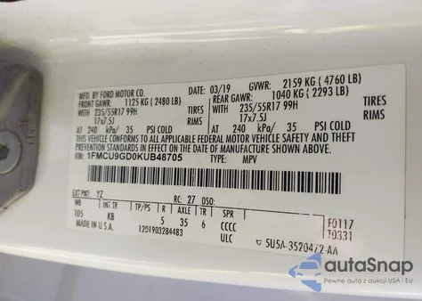 2019 Ford Escape Se из США, поврежденный, VIN 1FMCU9GD0KUB48705